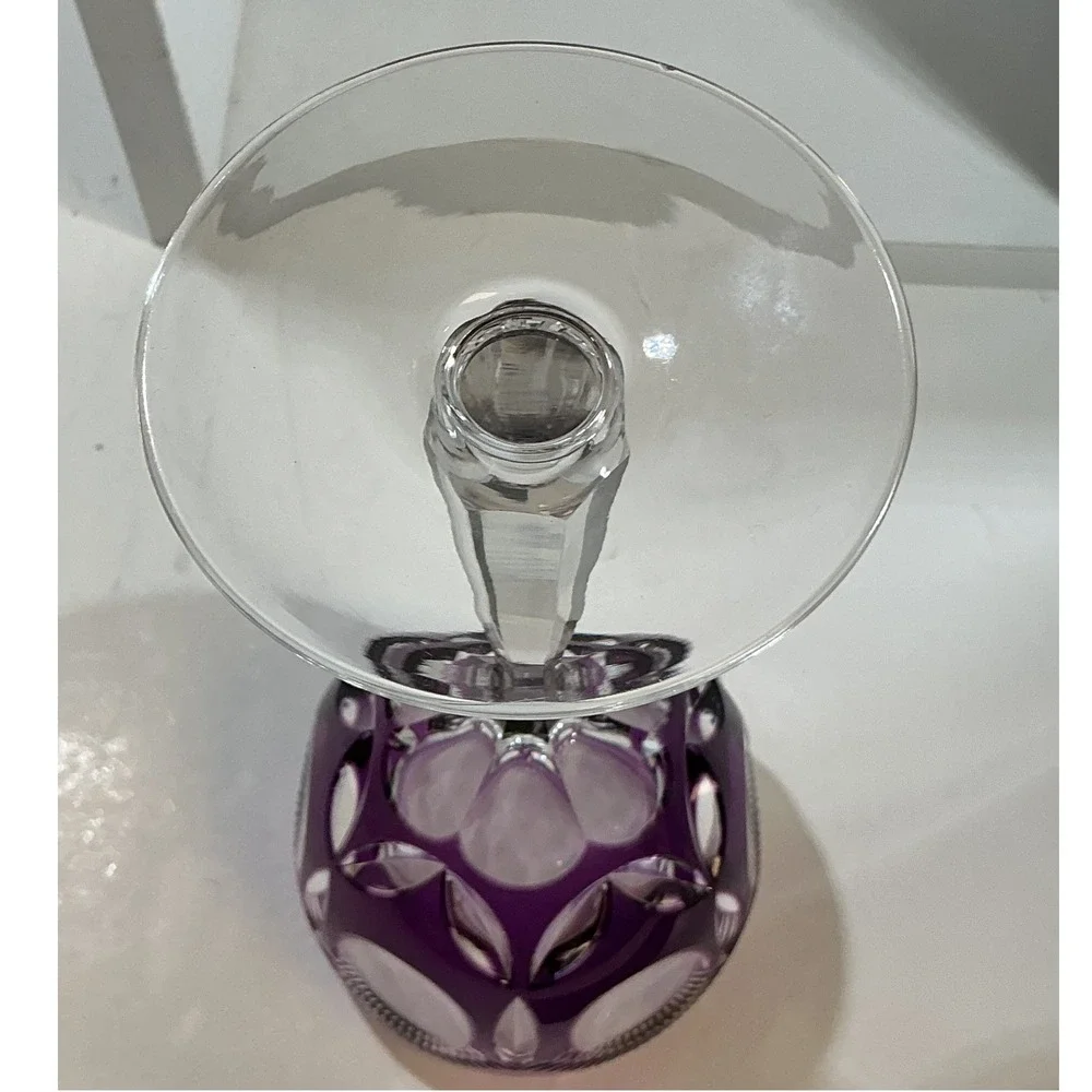 Vintage BOHO Amethyst Purple Cut to Clear Crystal Wine Goblet Faceted Stem 8.25